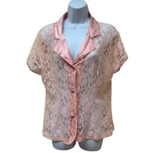 VTG‎ Victorias Secret Gold Label Pajama Top Pink Sheer Lace Satin Trim Size M